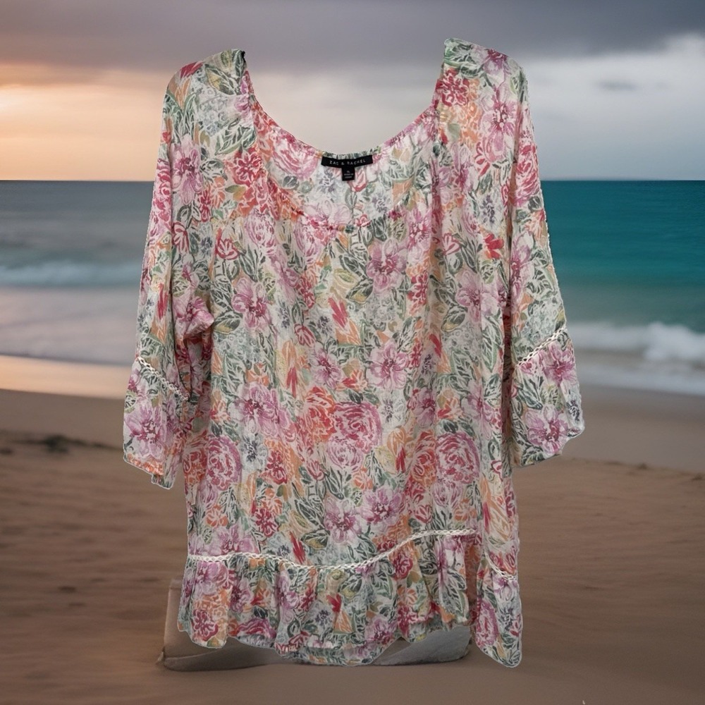 Zac & Rachel Top Womens XL Pink Multi Floral Shirt Boho Ruffle Garden Fairy